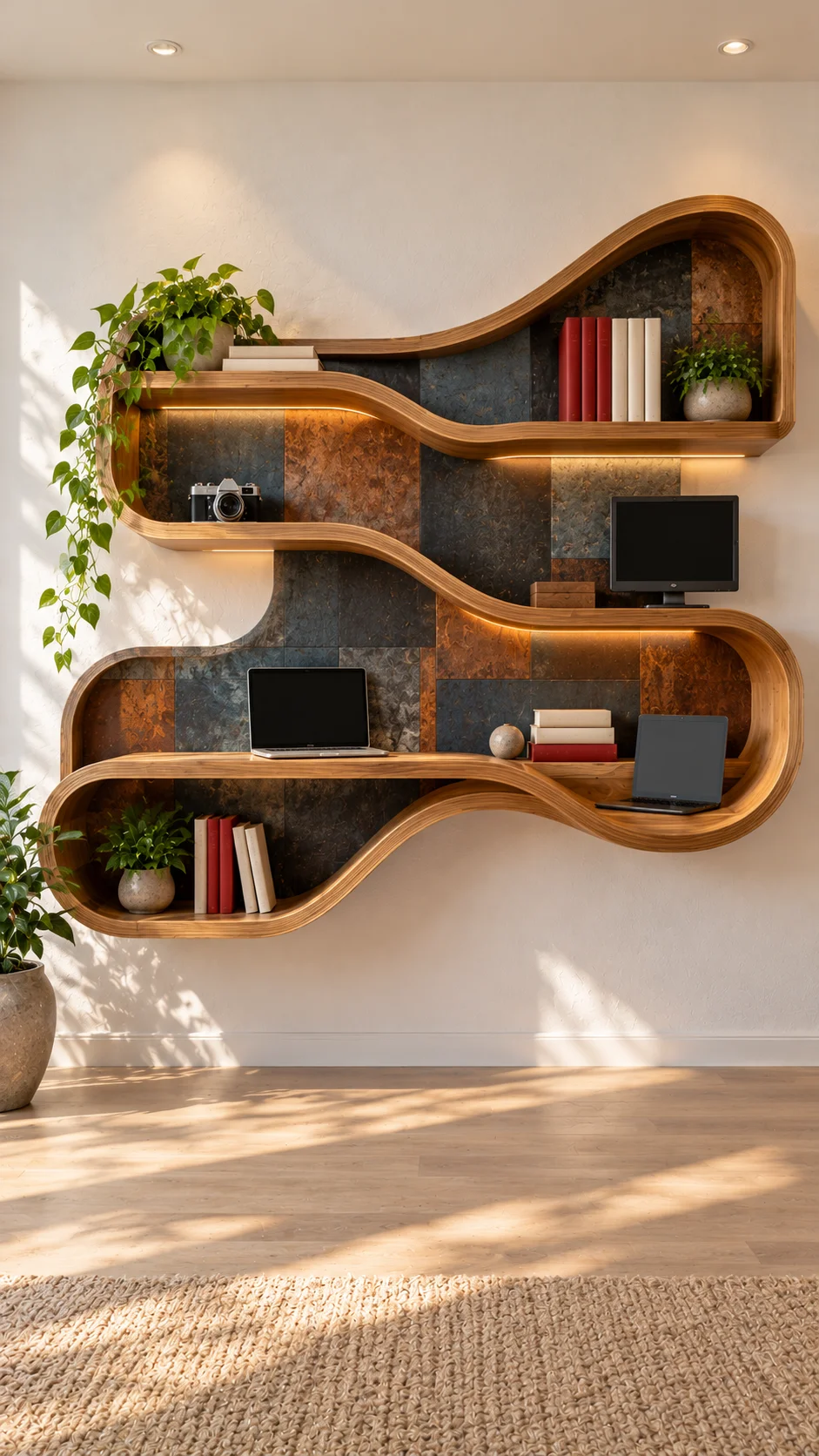 Wavy wooden wall shelves with LED lighting holding books and laptops