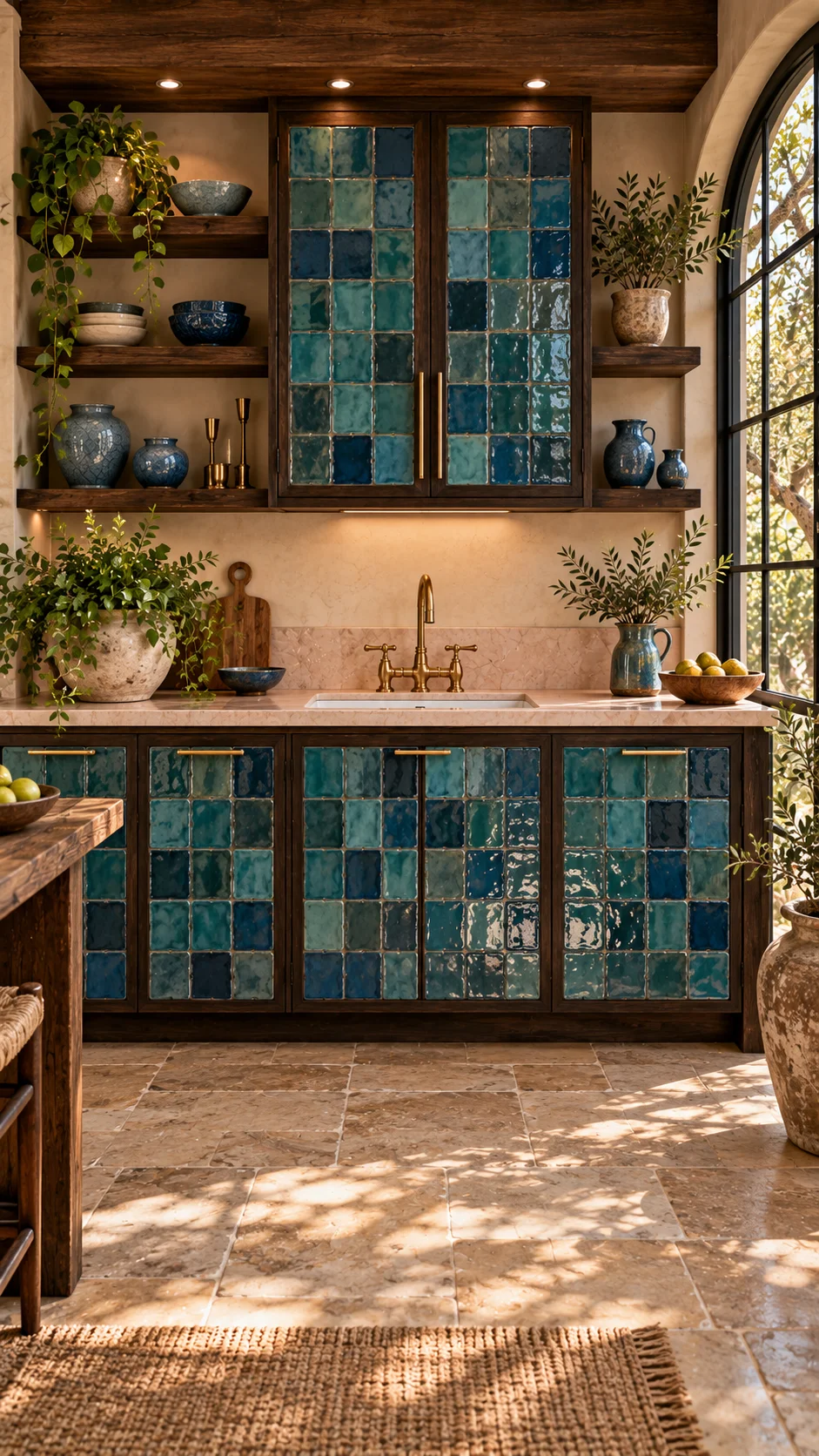 Turquoise glazed tile cabinet fronts with dark wood frames and brass pulls