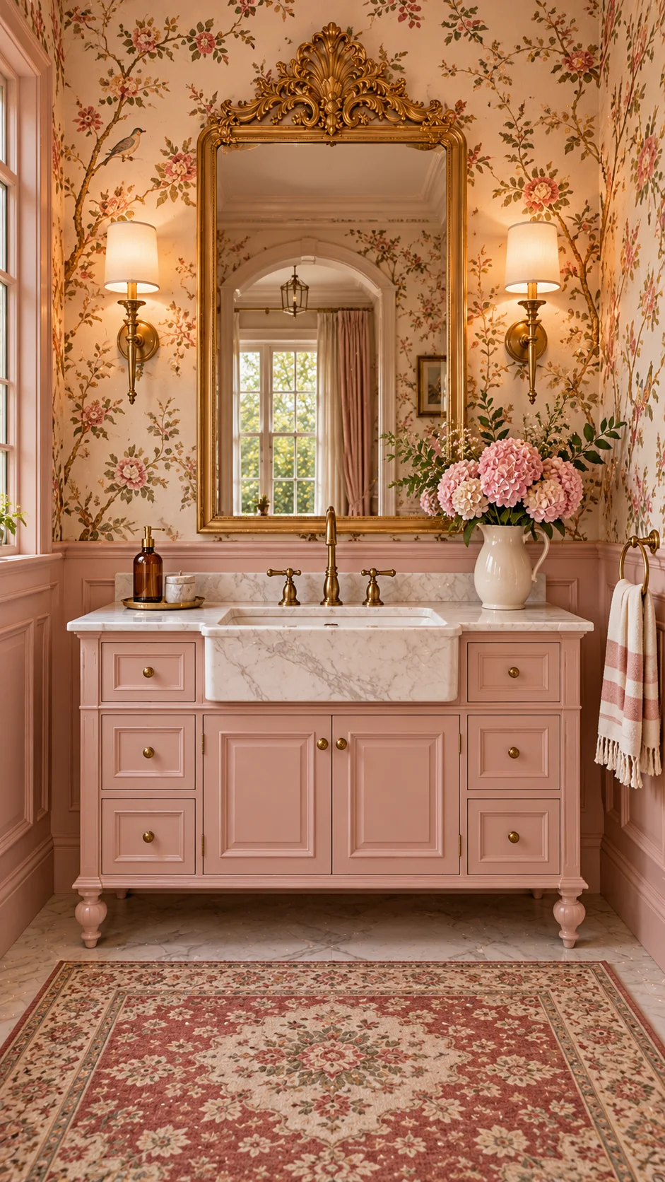 Blush pink traditional vanity with marble top, gold mirror, and floral wallpaper