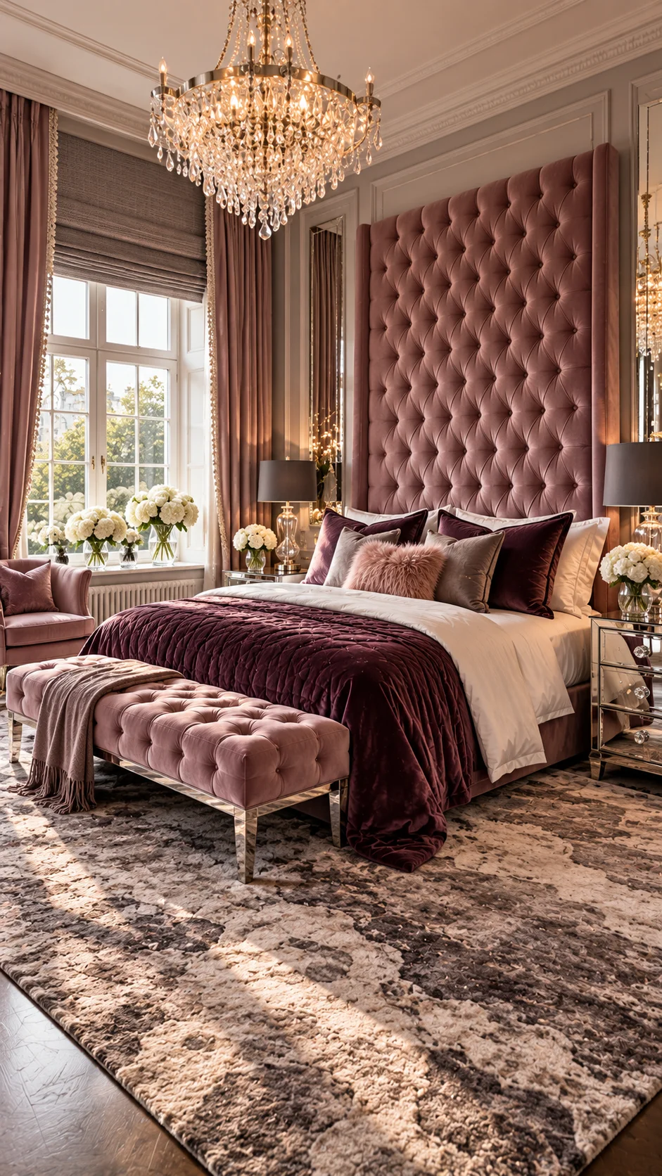 Mauve tufted headboard bedroom with crystal chandelier and plum velvet bedding