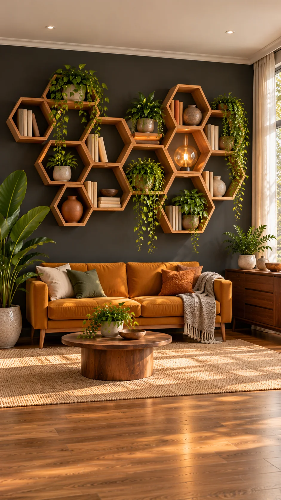 Honeycomb hexagon wall shelves with plants and books above sofa