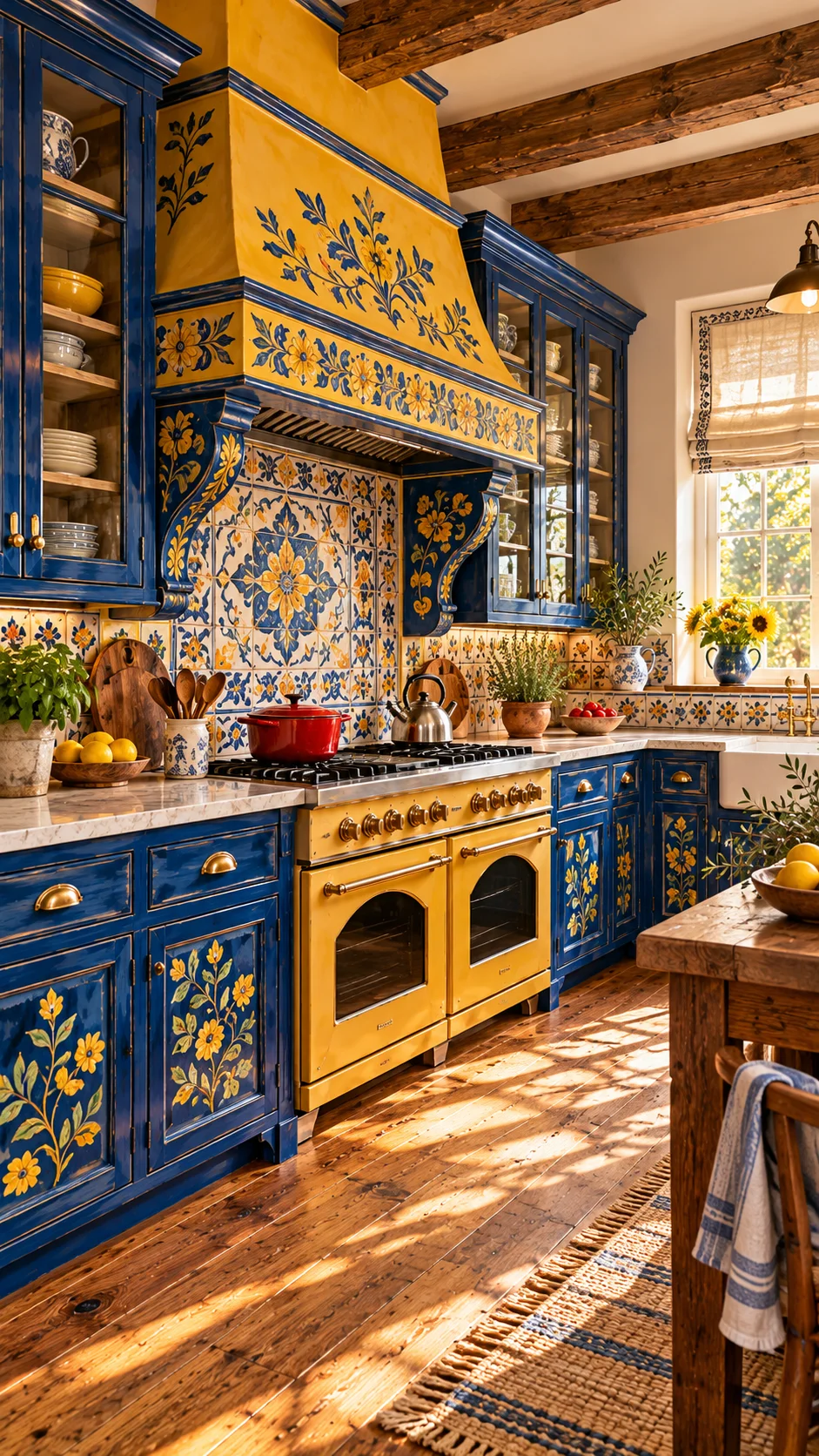 Cobalt blue farmhouse cabinets hand-painted with yellow floral motifs
