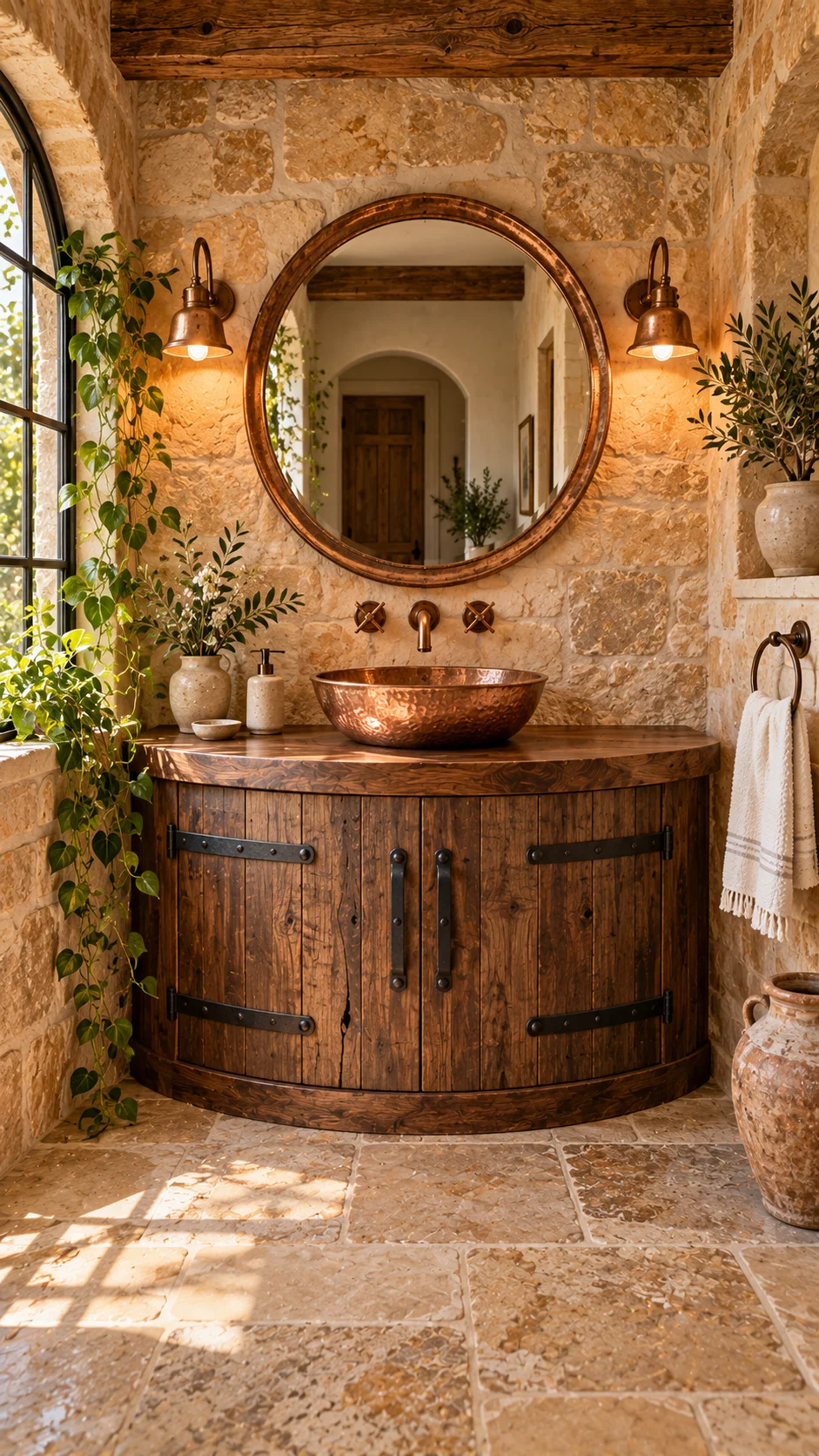 Rustic curved wood vanity with hammered copper sink, copper mirror, and stone walls
