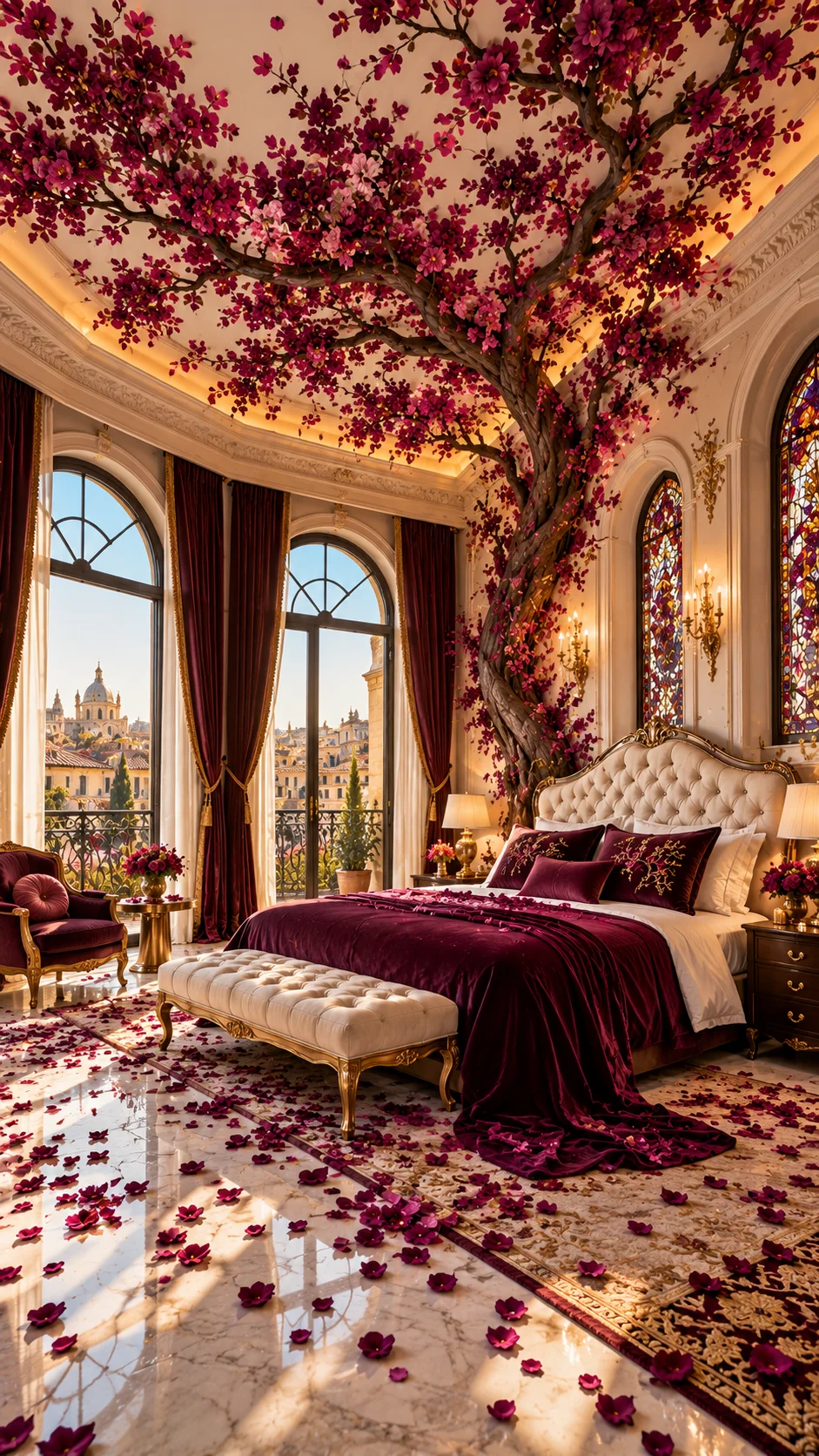 Romantic bedroom with flowering tree and burgundy velvet bedding