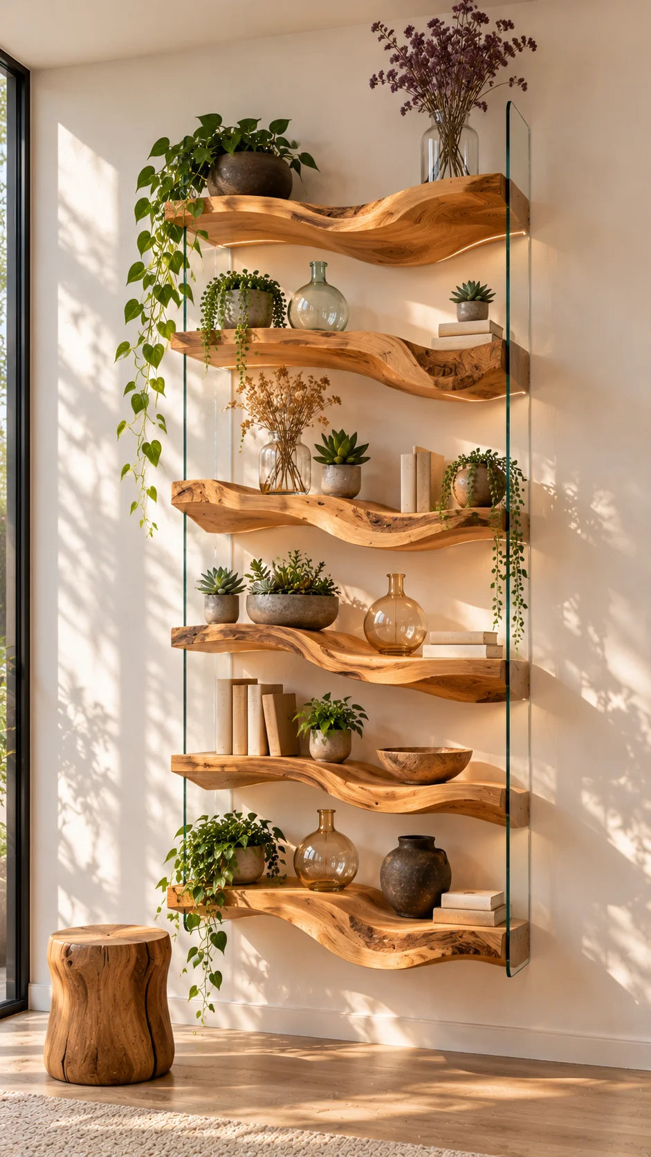 Live-edge wooden shelves with glass sides styled with plants and vases