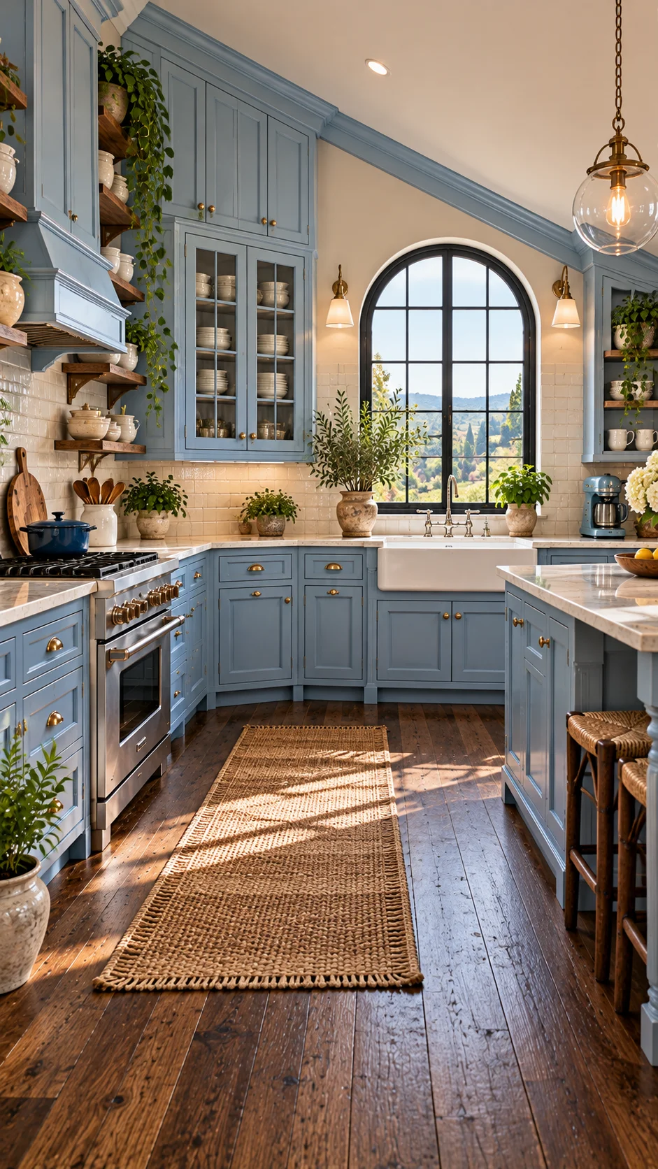 Dusty blue shaker cabinets with brass pulls under an arched window