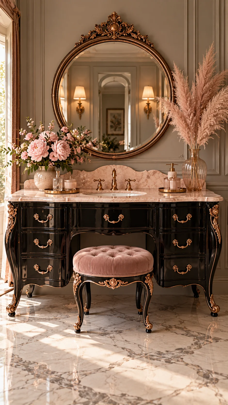 Black French-style vanity with gold details, pink stool, and ornate round mirror