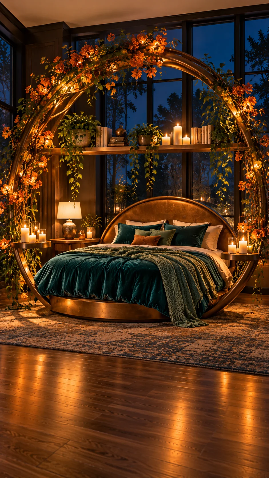 Round copper bed with floral arch and teal velvet bedding at night