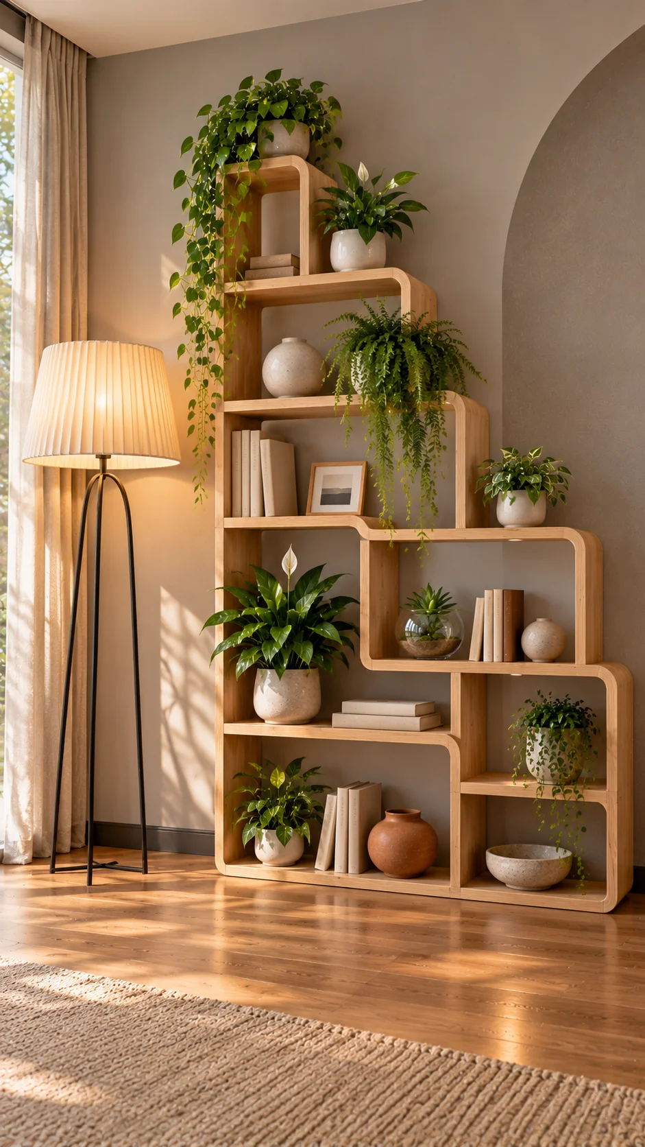 Stepped wooden shelving unit filled with houseplants and books
