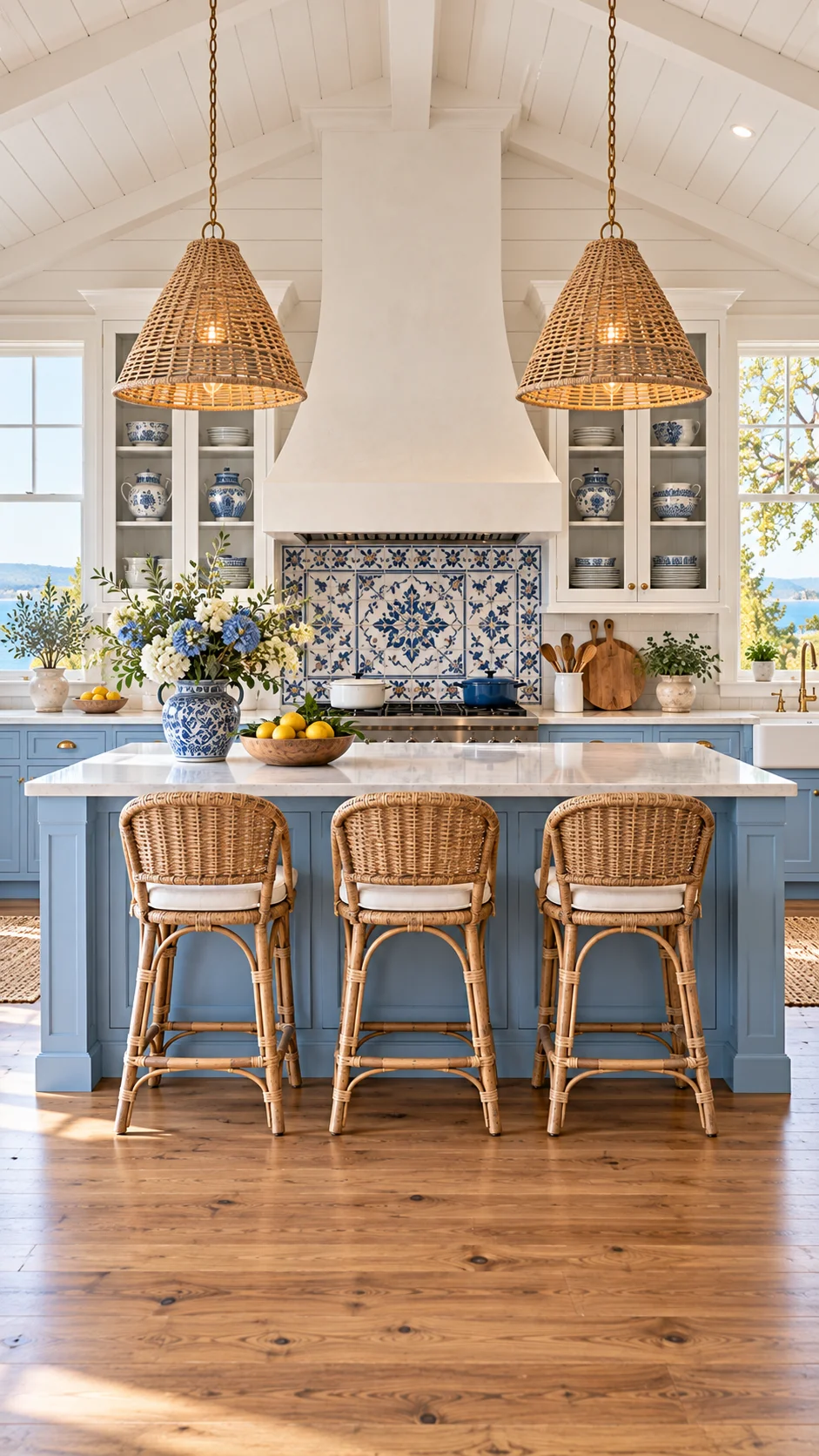 White farmhouse kitchen with blue island and patterned tile backsplash