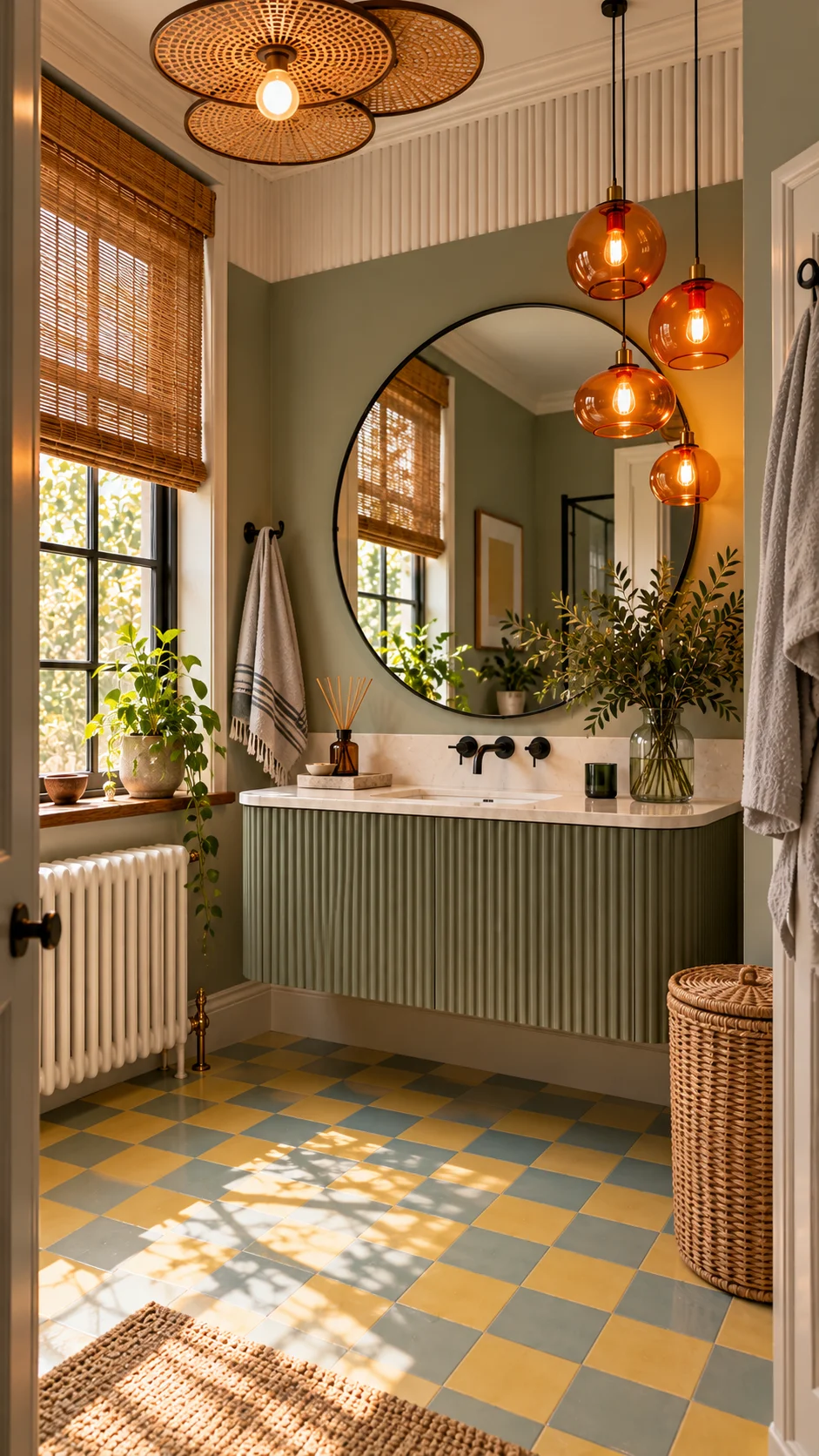 Sage green fluted vanity with amber glass pendants and yellow-blue checkered floor