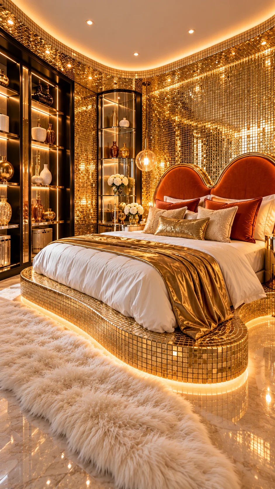 Gold mosaic tile bedroom with rust velvet headboard and fur rug