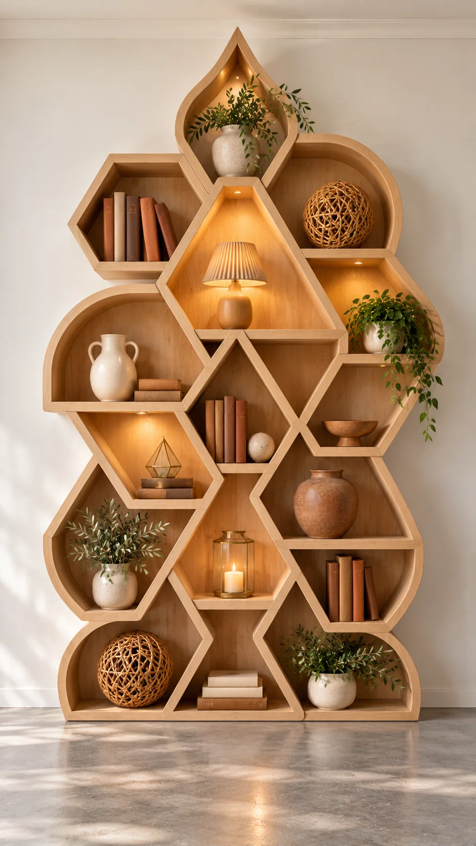 Geometric wooden wall shelf with integrated lighting and decor