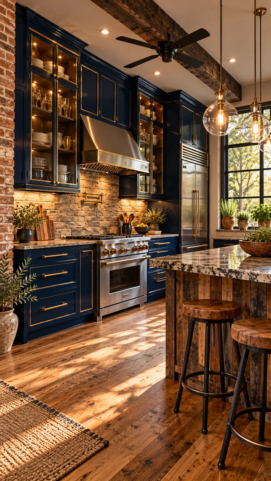 Navy kitchen cabinets with brass trim and lit glass-front uppers