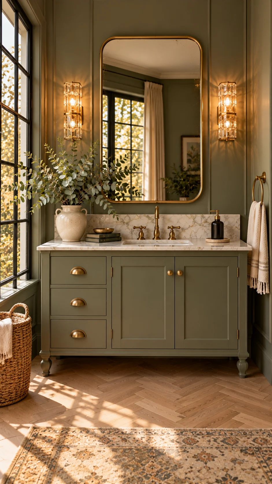 Olive green traditional vanity with brass cup pulls, marble top, and crystal sconces