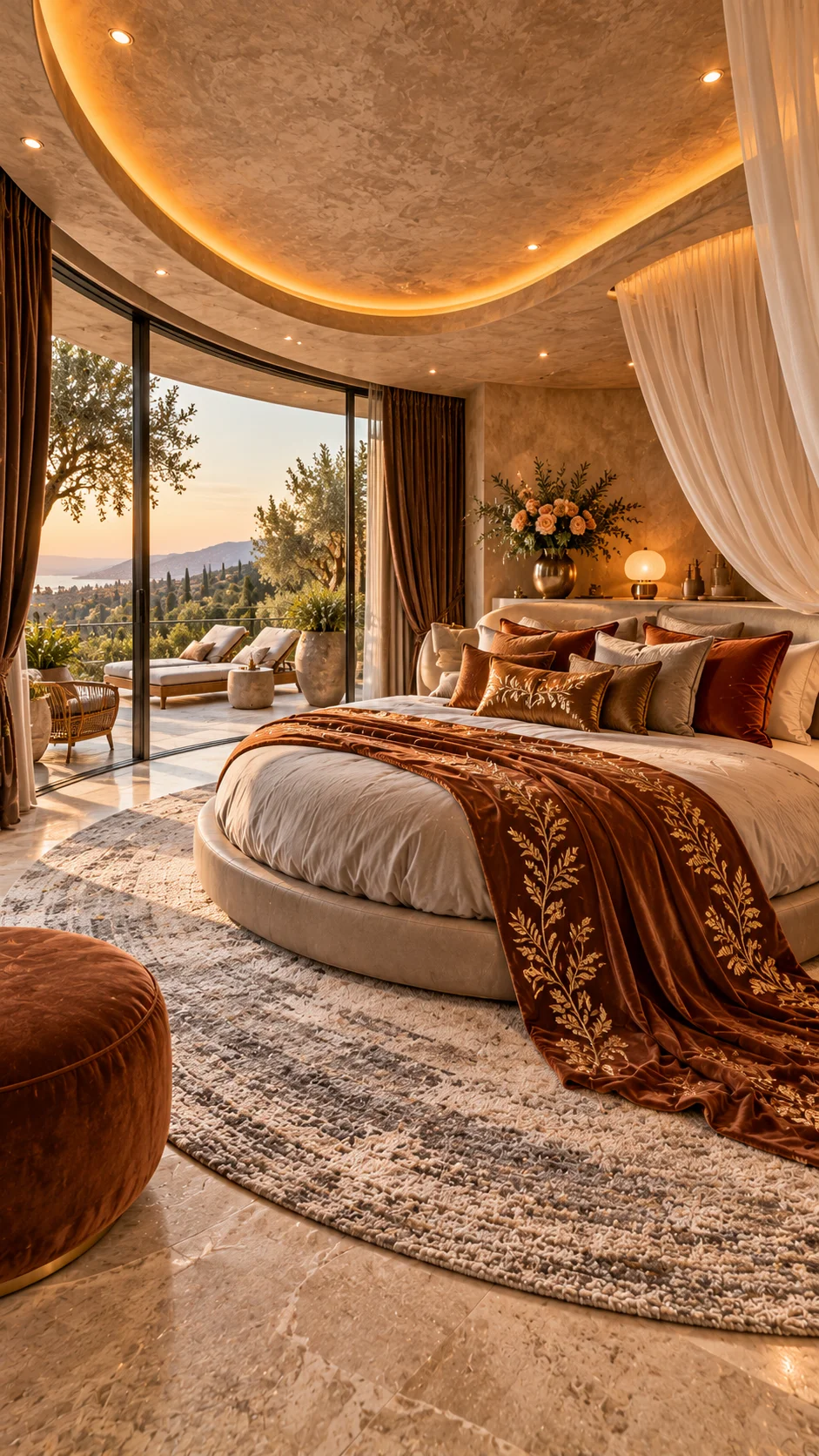 Round bed in curved glass bedroom with rust velvet throw and terrace view