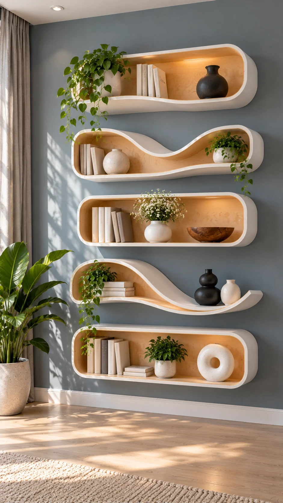 White sculptural floating shelves with books and plants on blue wall