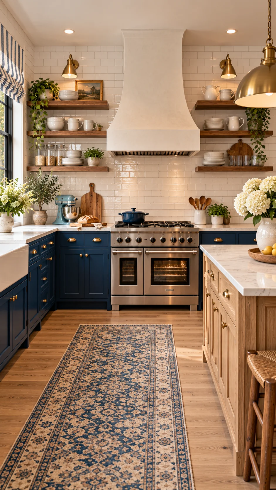 Navy lower cabinets with white open shelves and subway tile