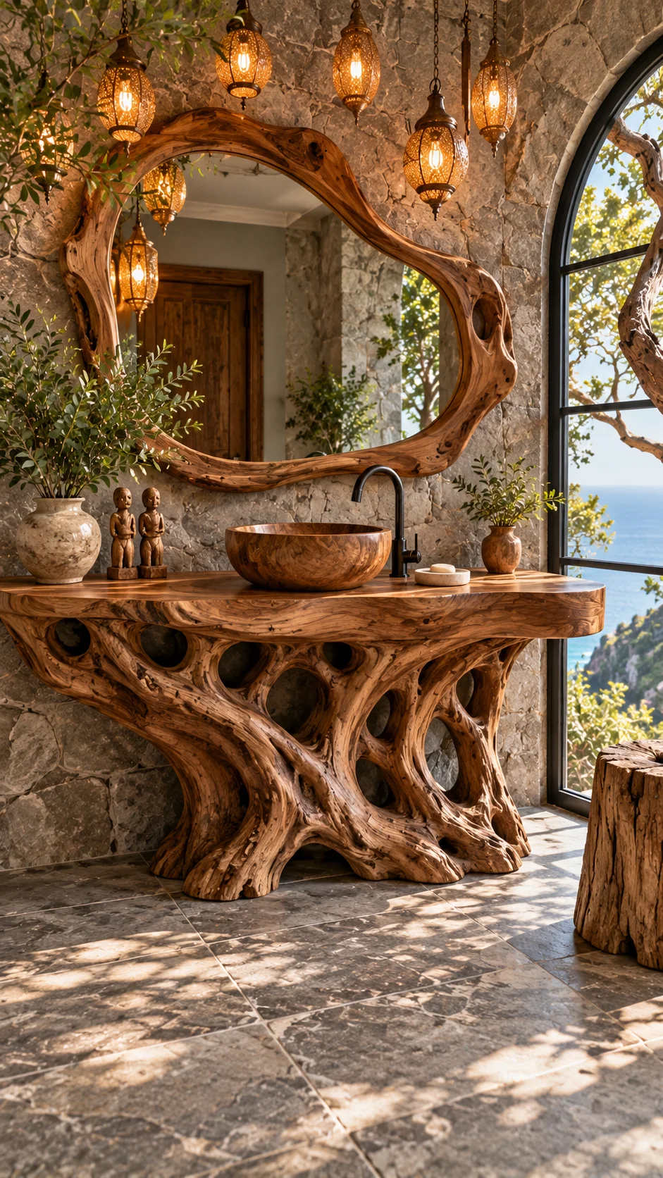 Live-edge root wood vanity console with organic mirror, wooden sink, and lantern pendants