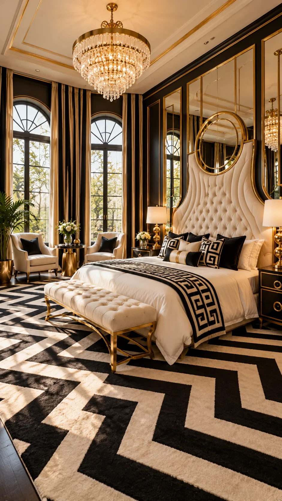 Black and gold art deco bedroom with mirrored walls and chevron rug