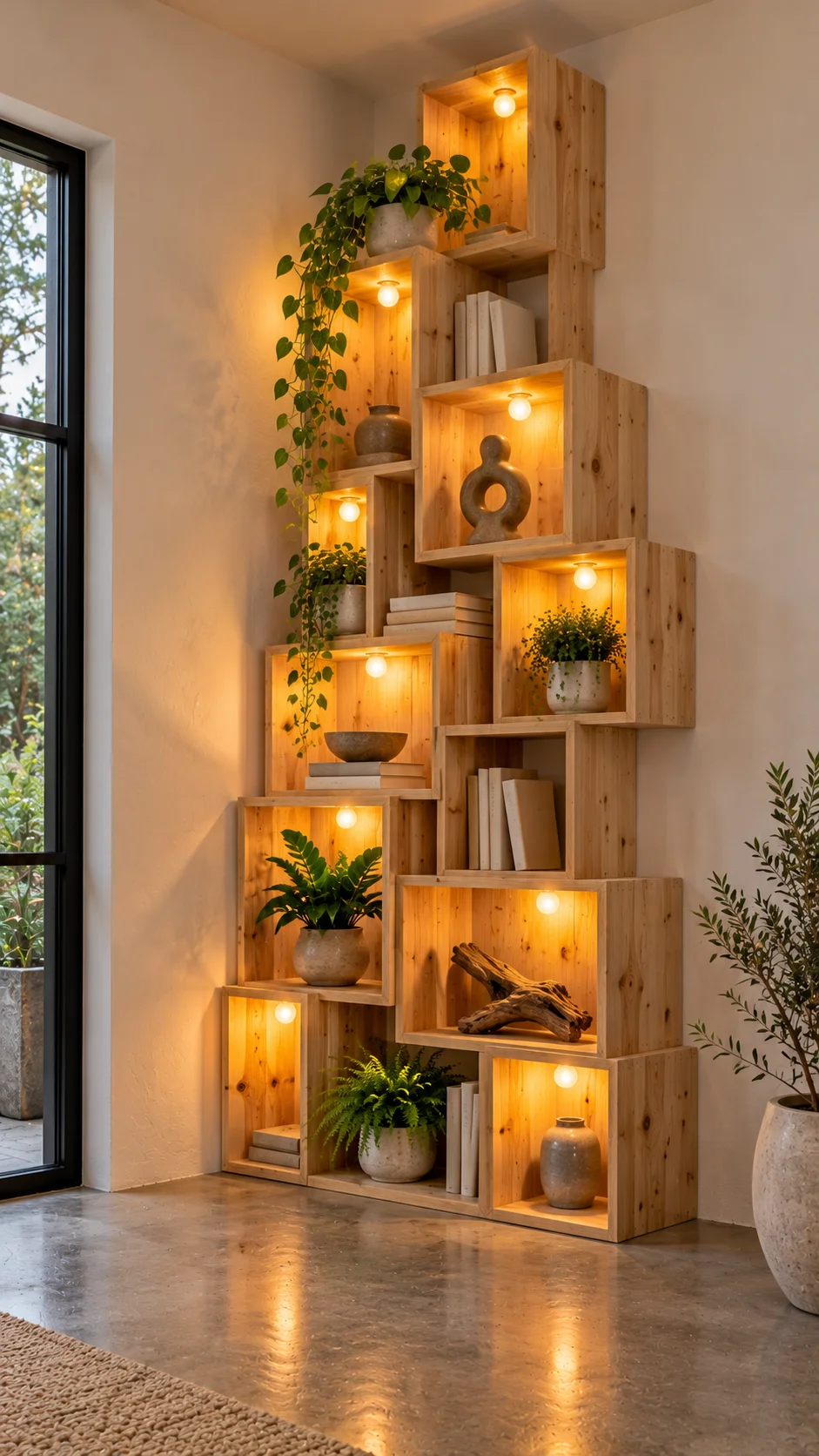 Tall corner tower of lit wooden cube shelves with plants