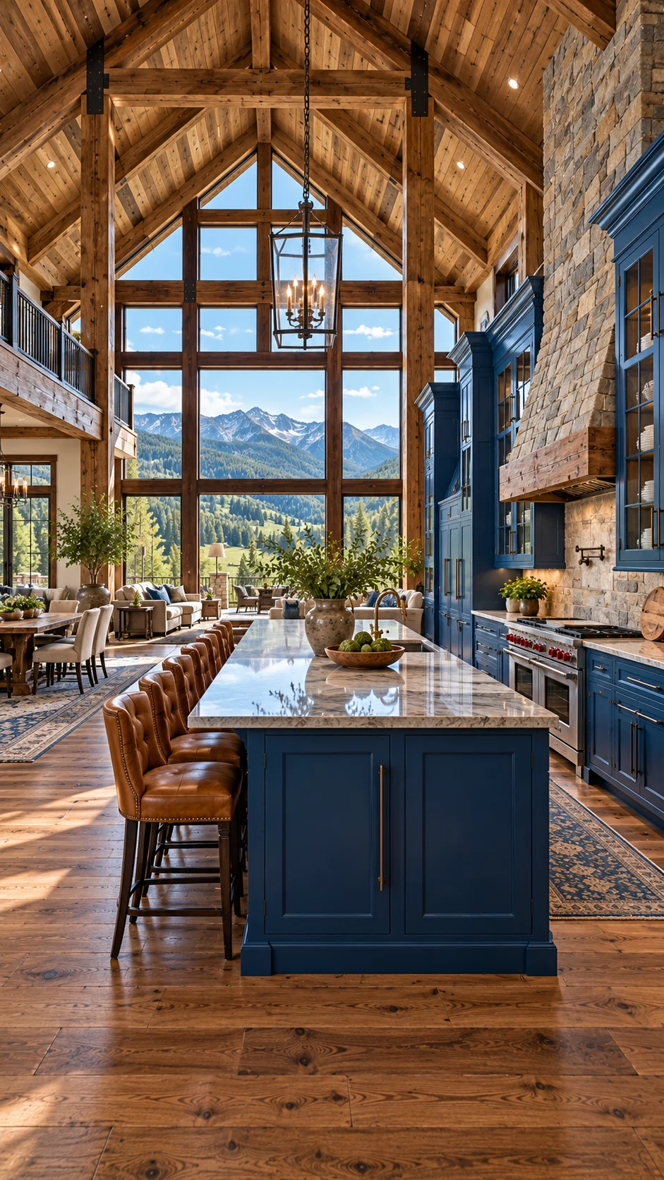 Navy blue kitchen island in a timber-frame mountain lodge