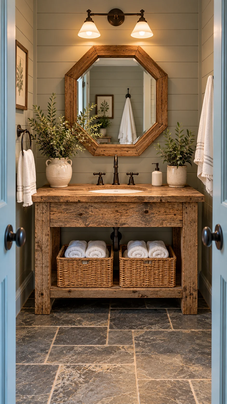 Reclaimed wood open vanity with octagonal mirror, wicker baskets, and bronze faucet