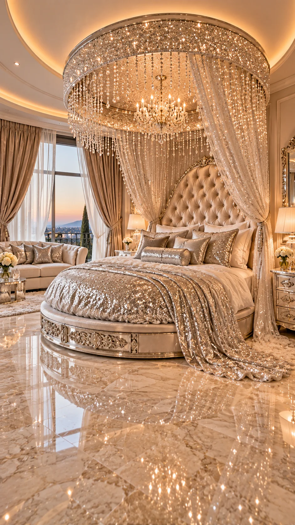 Round bed with crystal canopy and sequined bedding in champagne bedroom