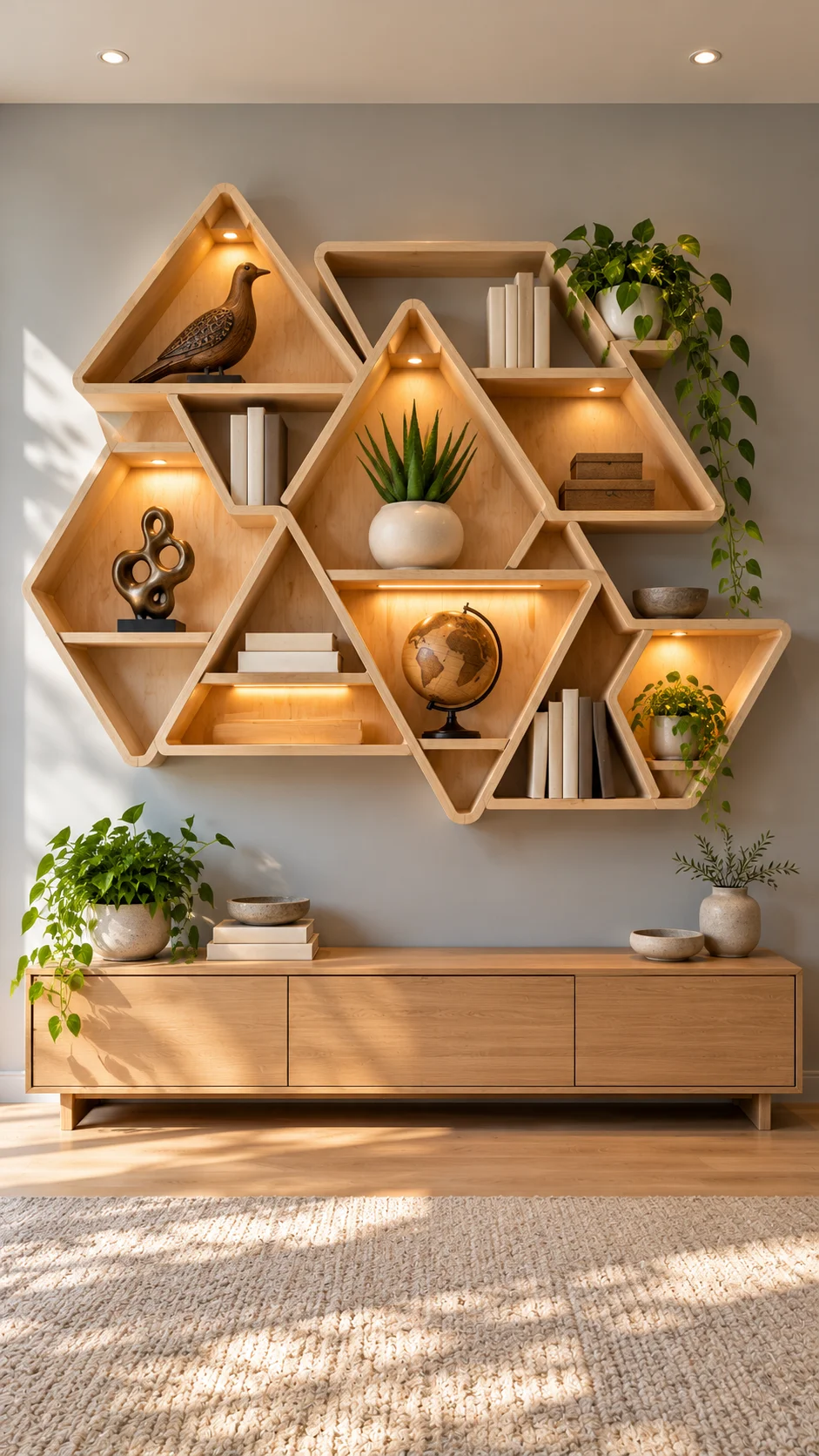 Triangular geometric wall shelves with spotlights above credenza