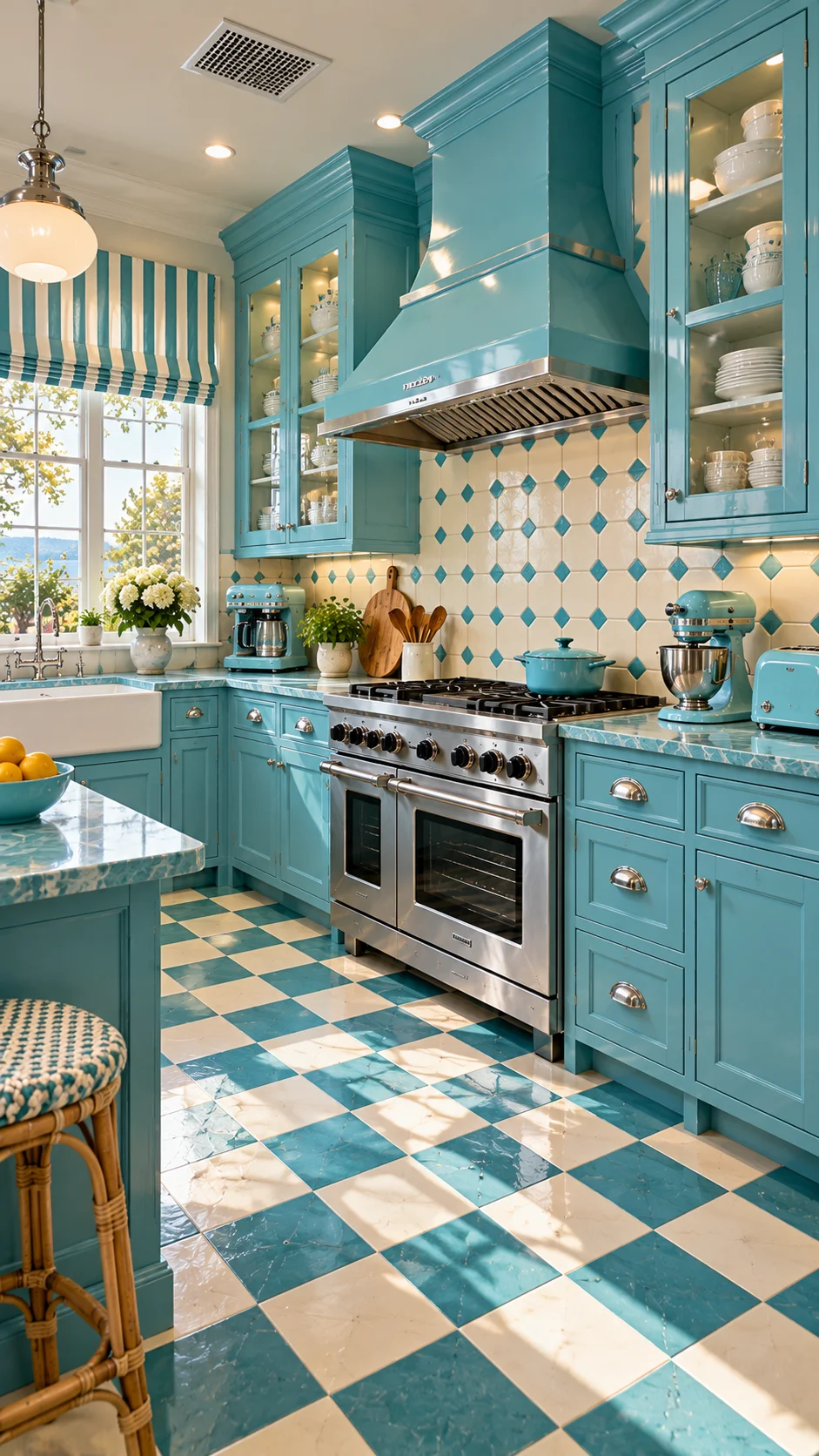 Glossy aqua kitchen cabinets with checkered aqua and white floor