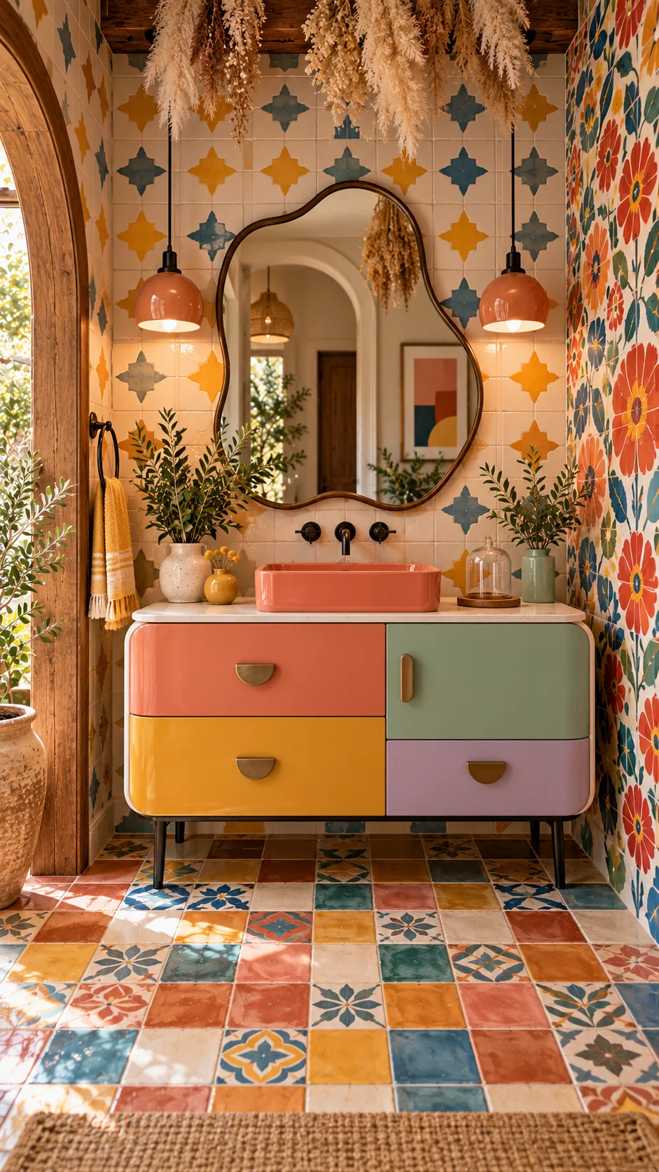 Colorful retro vanity with terracotta sink, wavy mirror, and patterned tile walls