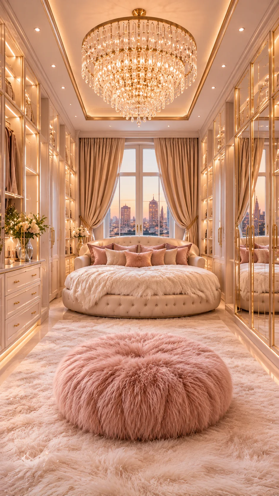 Blush dressing-room bedroom with mirrored wardrobes and round daybed