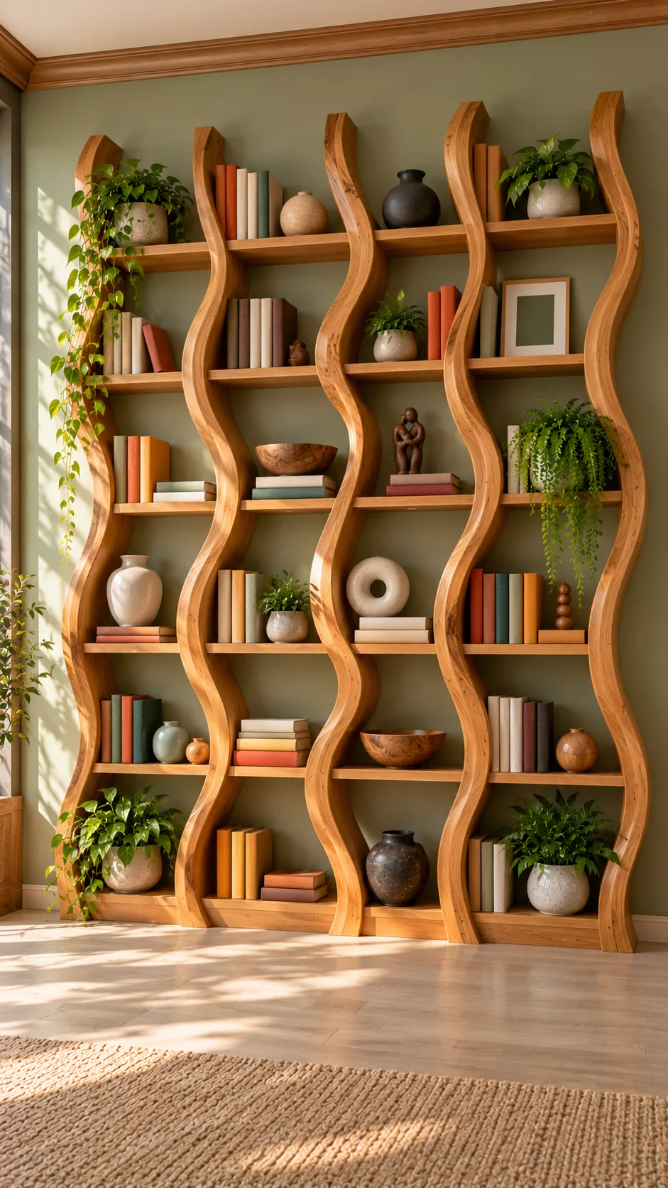 Large wavy wooden bookcase with serpentine uprights and books