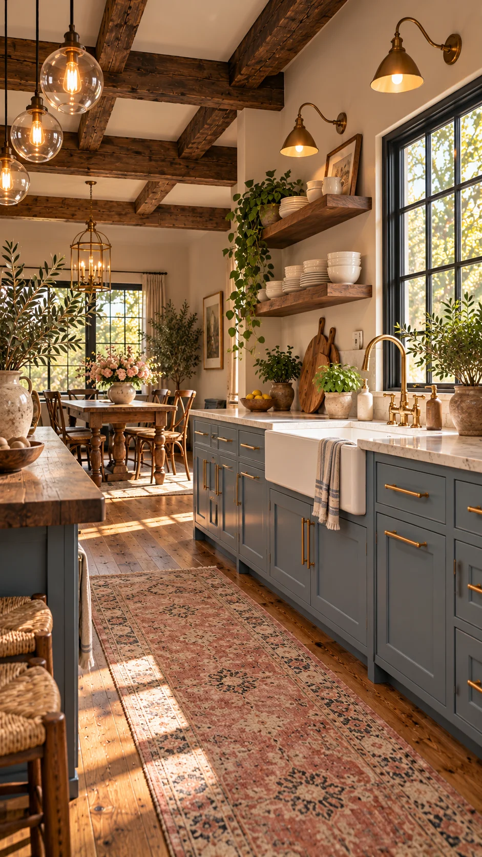 Slate blue-gray cabinets with brass pulls and farmhouse sink