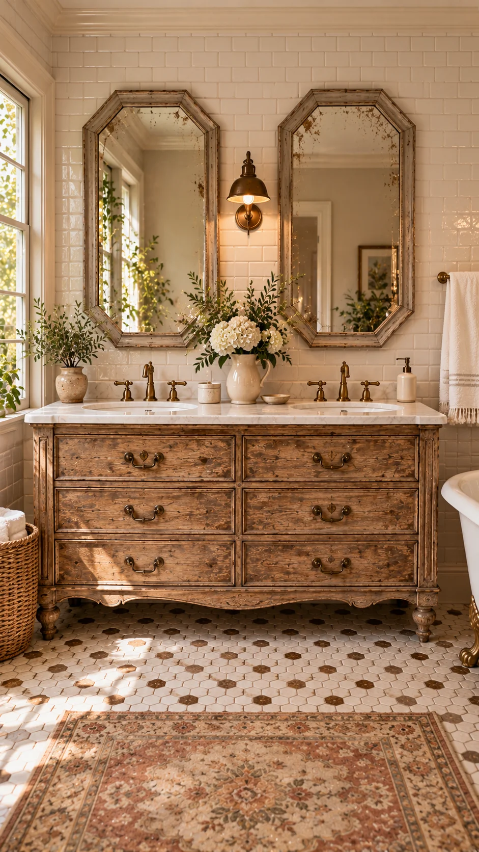 Weathered wood double vanity with antiqued mirrors, brass faucets, and subway tile