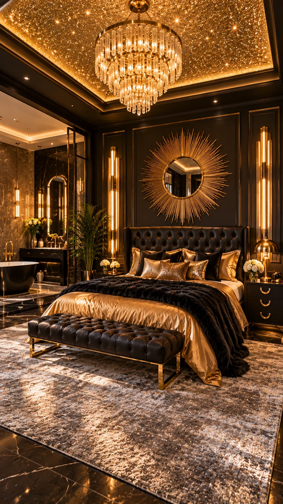 Black and gold bedroom with glitter ceiling and sunburst mirror