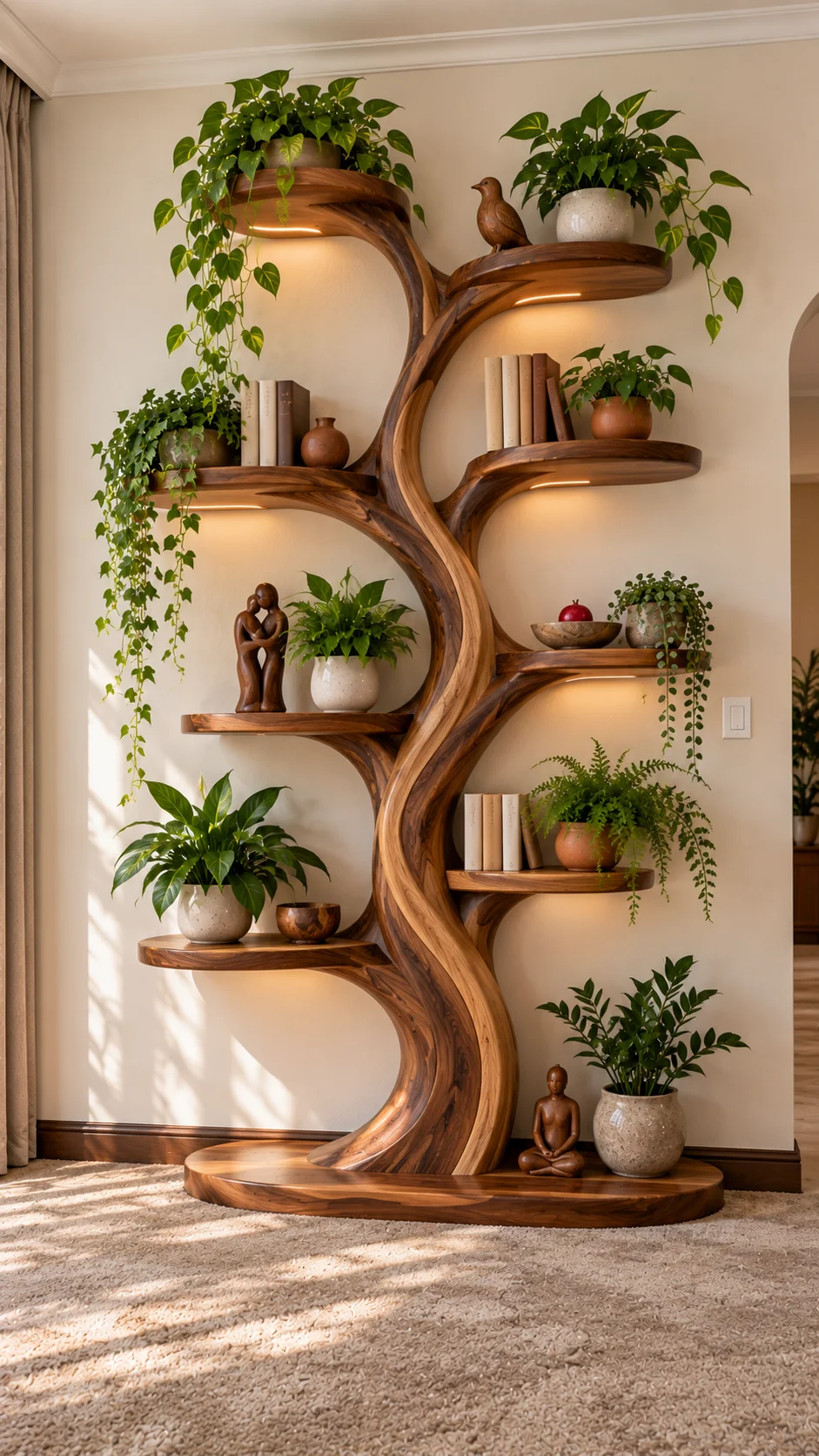 Tree-shaped wooden shelf with plants and books