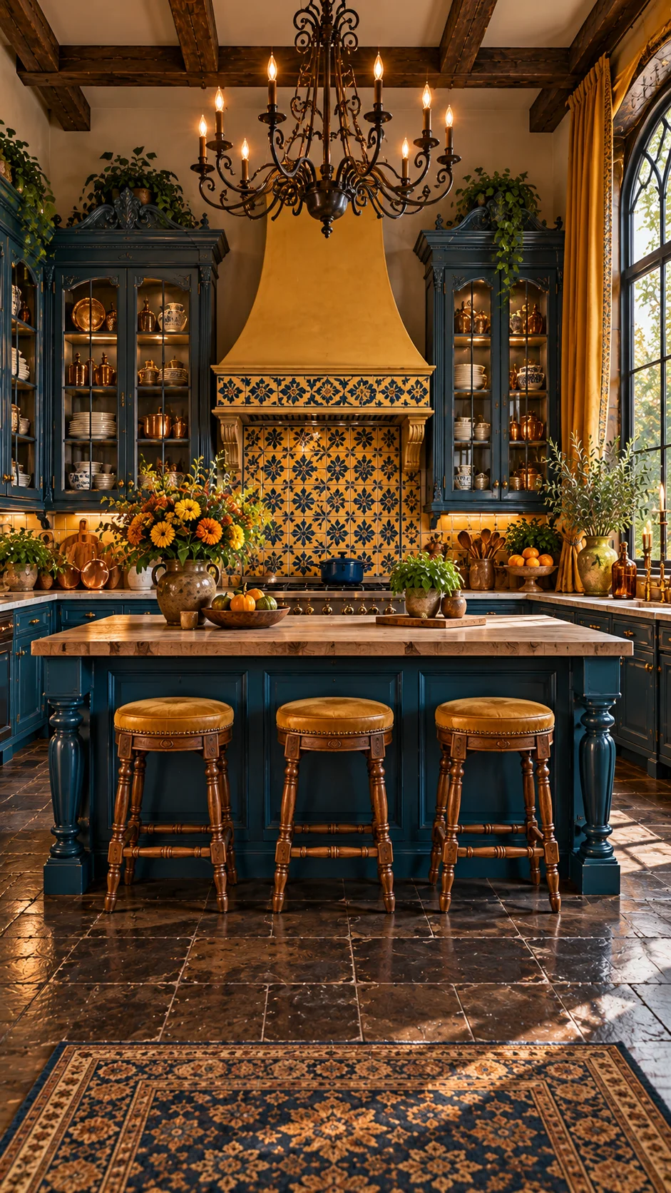 Deep teal cabinets with mustard yellow hood and patterned tile