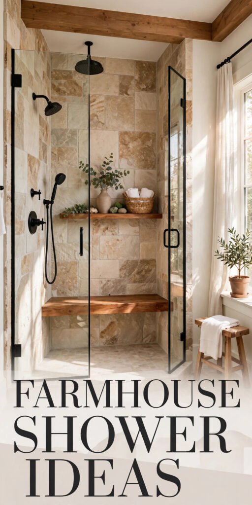 Farmhouse Shower Ideas: 9 Designs With Stone, Timber, and Tile
